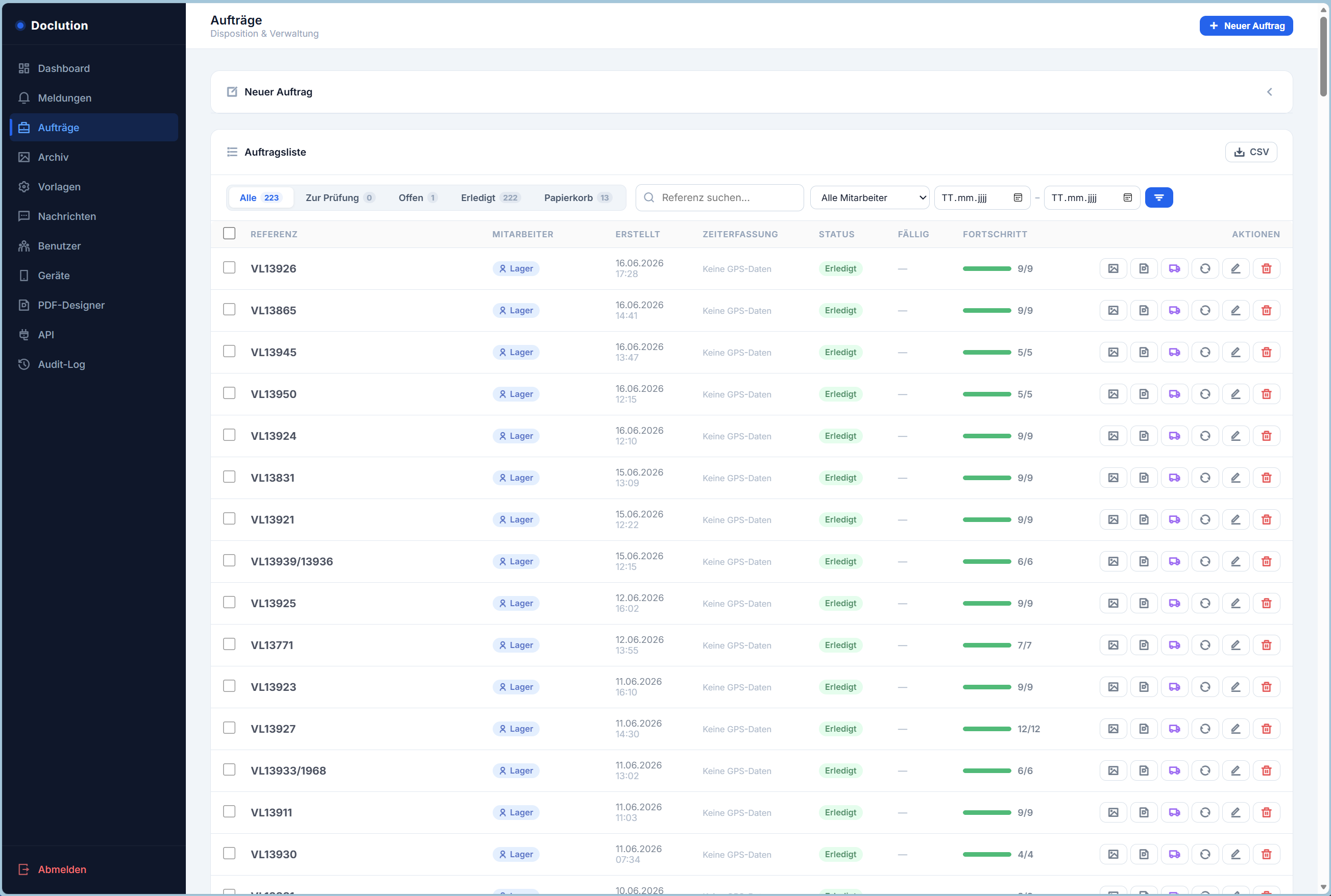 Doclution Dashboard – Auftragsverwaltung